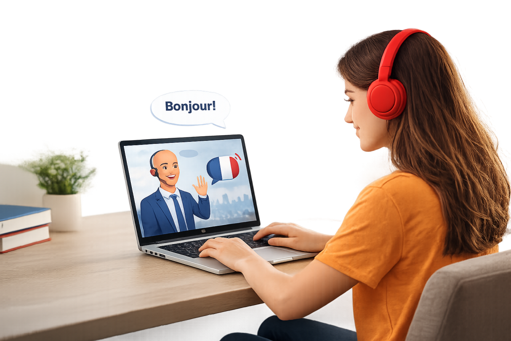 Young woman learning French online on laptop with headphones during live virtual class