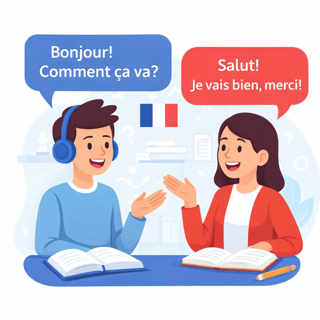students practicing spoken french conversation to learn french online